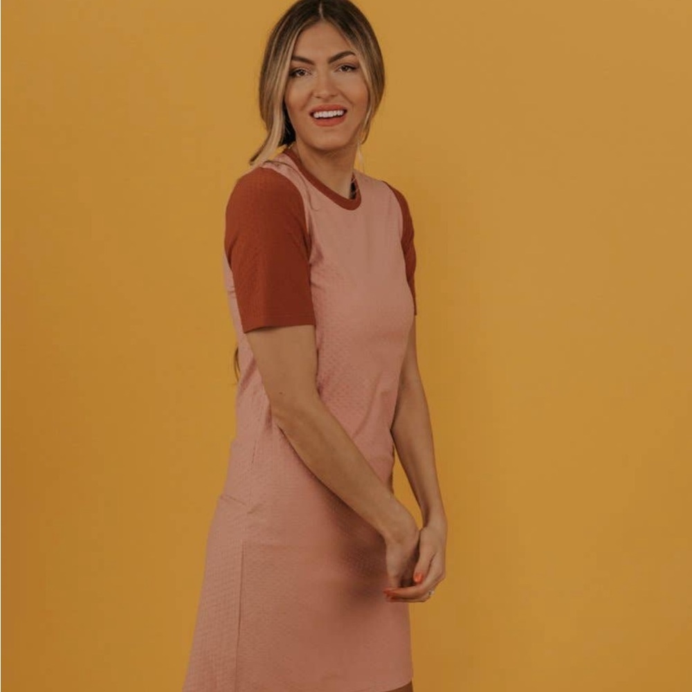 Roolee MOM salmon dress with contrasting rust sleeves with Swiss dot detail